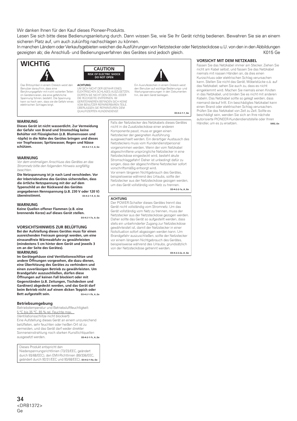 Wichtig, Caution | Pioneer DJM-1000 User Manual | Page 34 / 98