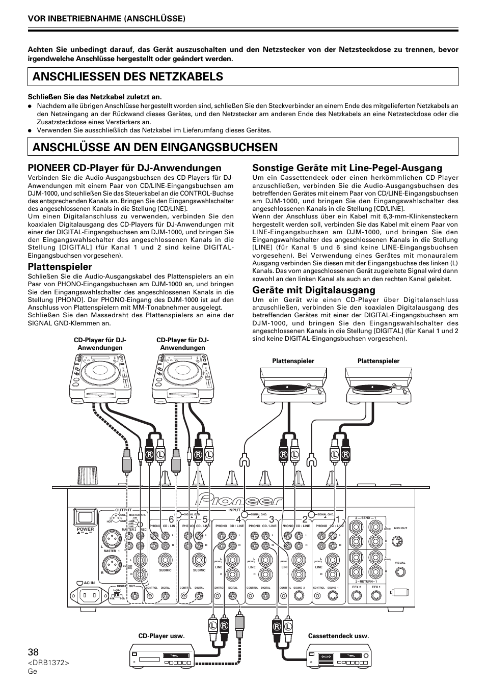 Anschliessen des netzkabels, Anschlüsse an den eingangsbuchsen, Pioneer cd-player für dj-anwendungen | Plattenspieler, Sonstige geräte mit line-pegel-ausgang, Geräte mit digitalausgang, Vor inbetriebnahme (anschlüsse), Schließen sie das netzkabel zuletzt an | Pioneer DJM-1000 User Manual | Page 38 / 98