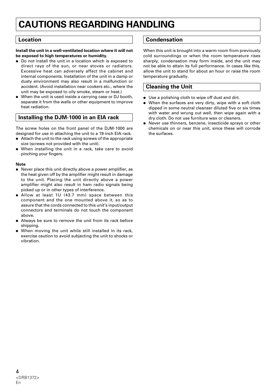 Cautions regarding handling, Location, Installing the djm-1000 in an eia rack | Condensation, Cleaning the unit | Pioneer DJM-1000 User Manual | Page 4 / 98