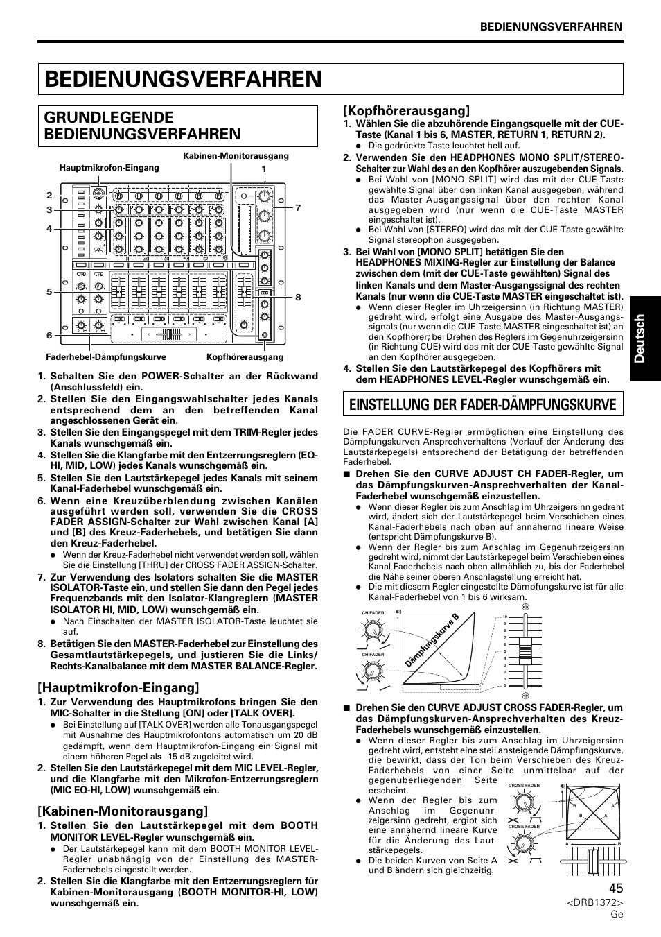 Bedienungsverfahren, Grundlegende bedienungsverfahren, Einstellung der fader-dämpfungskurve | Deutsch, Hauptmikrofon-eingang, Kabinen-monitorausgang, Kopfhörerausgang | Pioneer DJM-1000 User Manual | Page 45 / 98