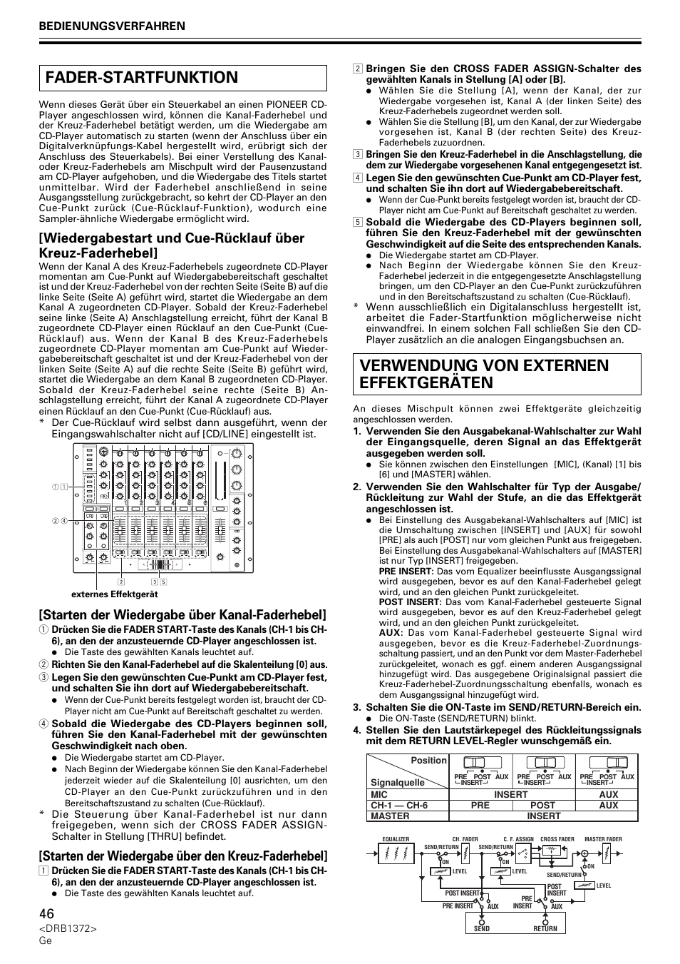 Fader-startfunktion, Verwendung von externen effektgeräten, Starten der wiedergabe über kanal-faderhebel | Starten der wiedergabe über den kreuz-faderhebel, Bedienungsverfahren | Pioneer DJM-1000 User Manual | Page 46 / 98