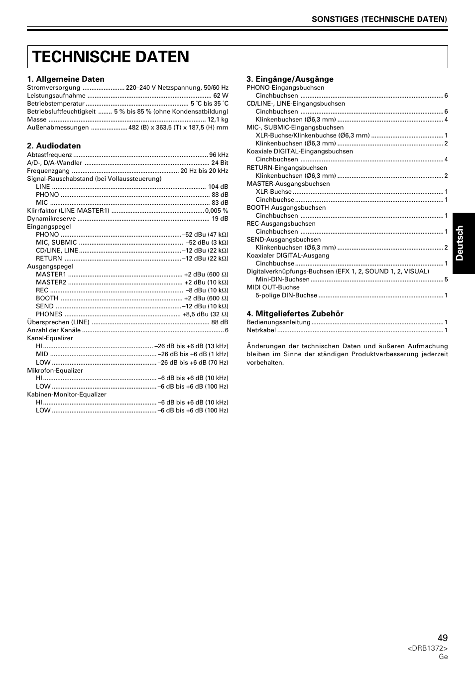 Technische daten, Deutsch | Pioneer DJM-1000 User Manual | Page 49 / 98