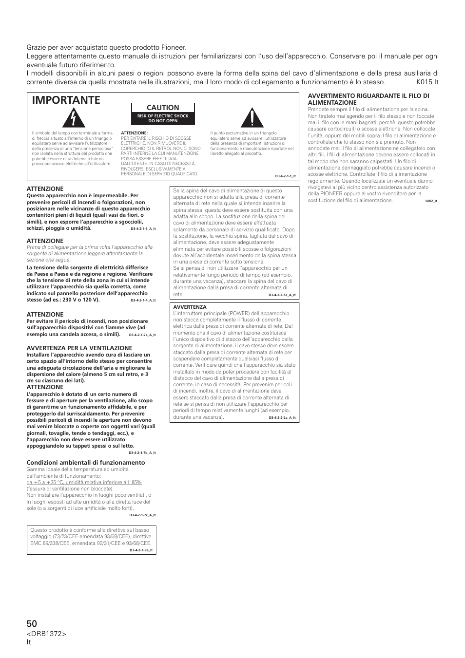 Importante, Caution | Pioneer DJM-1000 User Manual | Page 50 / 98