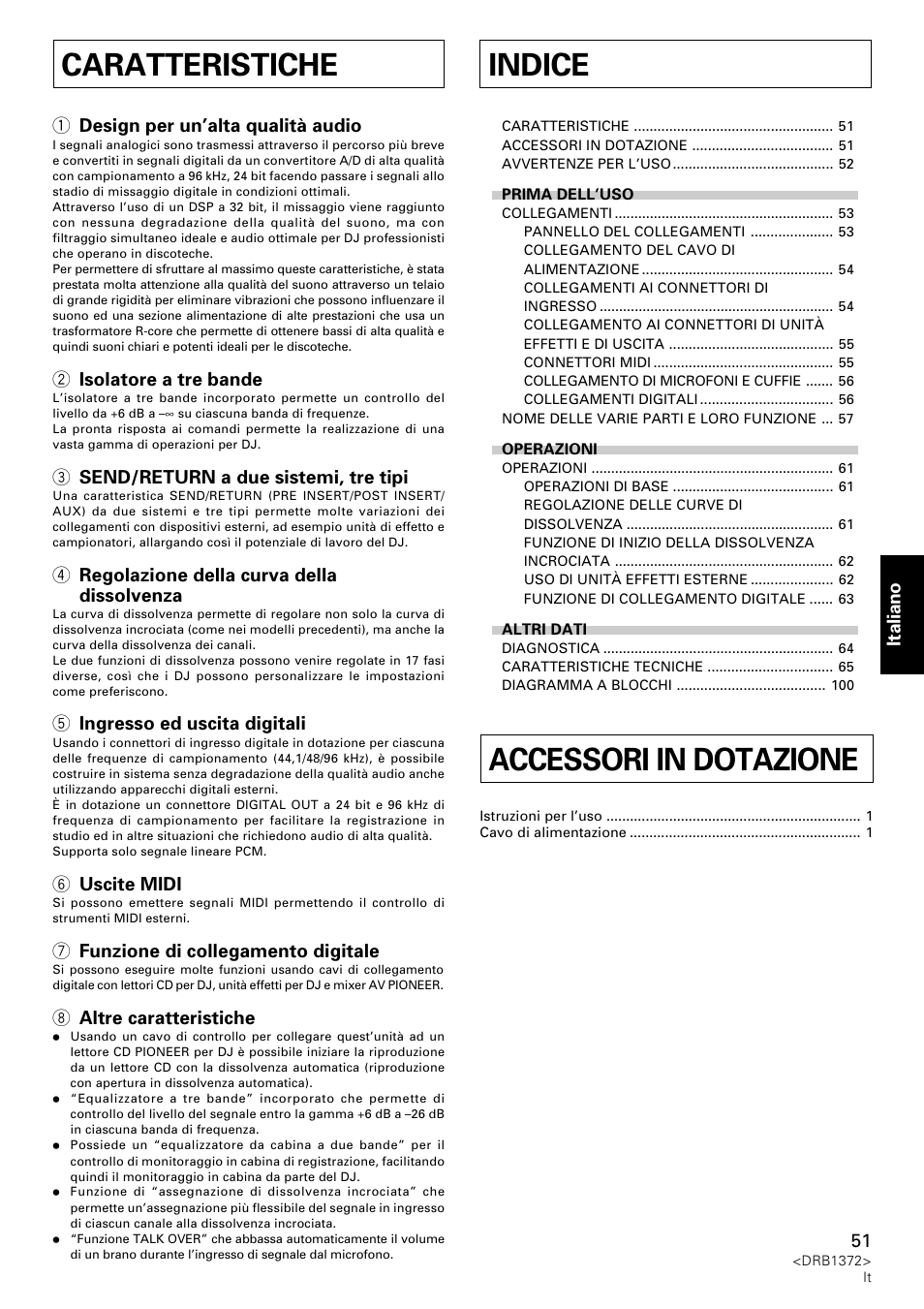 Istruzioni per l’uso, Indice, Accessori in dotazione | Caratteristiche | Pioneer DJM-1000 User Manual | Page 51 / 98