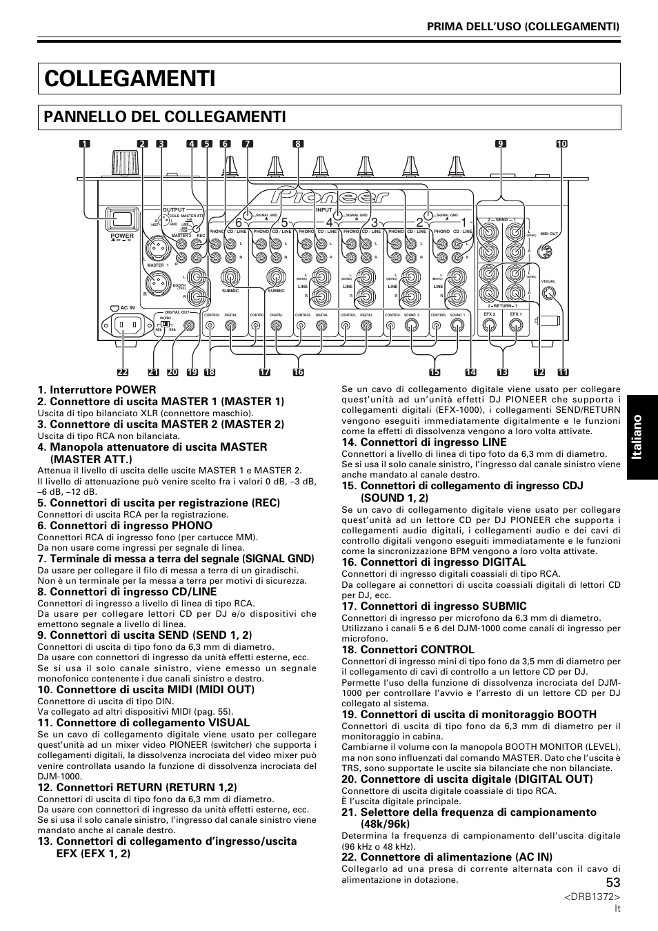 Collegamenti, Pannello del collegamenti, Italiano | Prima dell’uso (collegamenti), Connettore di uscita master 2 (master 2), Connettori di uscita per registrazione (rec), Connettori di ingresso phono, Connettori di ingresso cd/line, Connettori di uscita send (send 1, 2), Connettore di uscita midi (midi out) | Pioneer DJM-1000 User Manual | Page 53 / 98