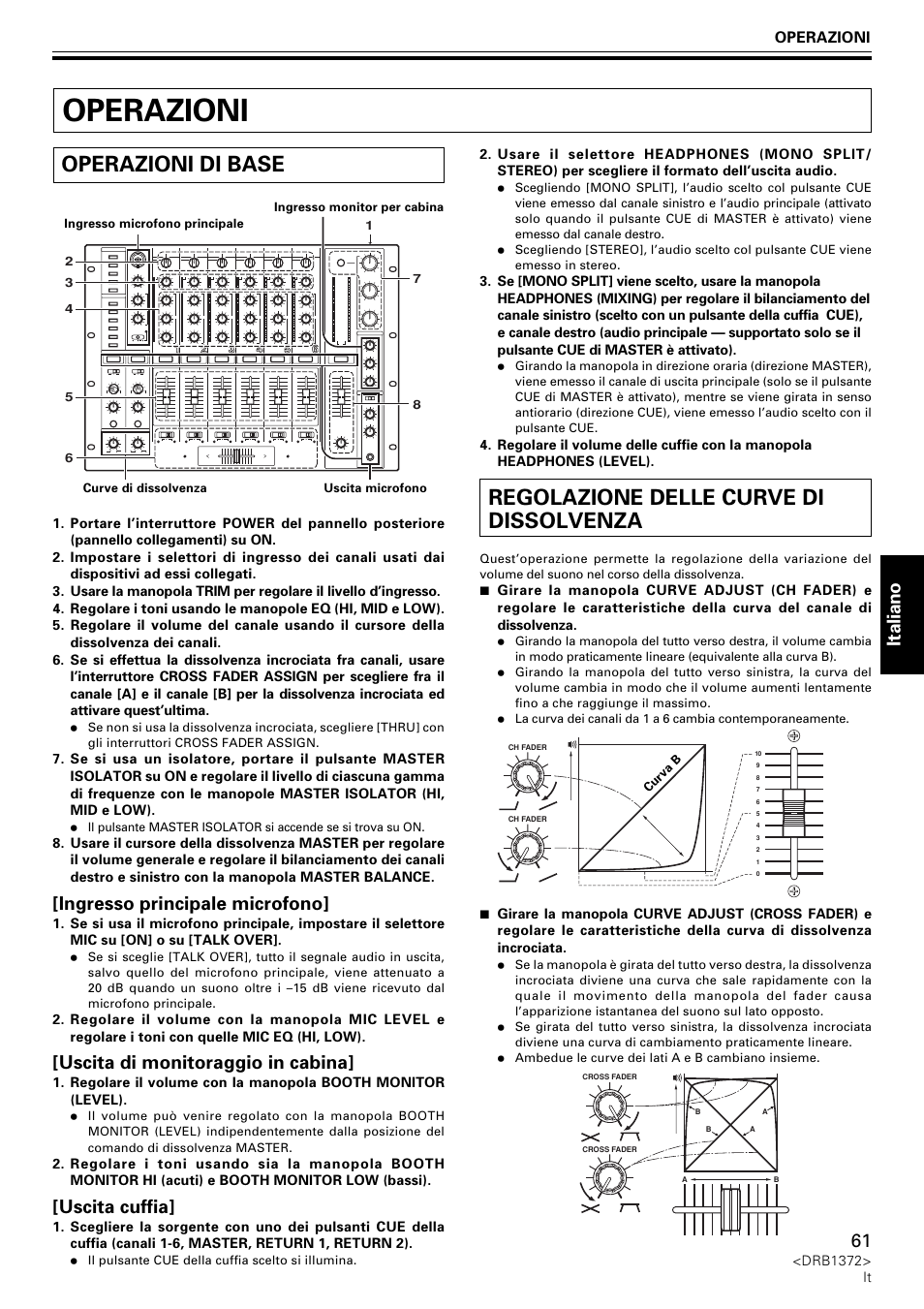 Operazioni, Regolazione delle curve di dissolvenza, Operazioni di base | Italiano, Ingresso principale microfono, Uscita di monitoraggio in cabina, Uscita cuffia | Pioneer DJM-1000 User Manual | Page 61 / 98