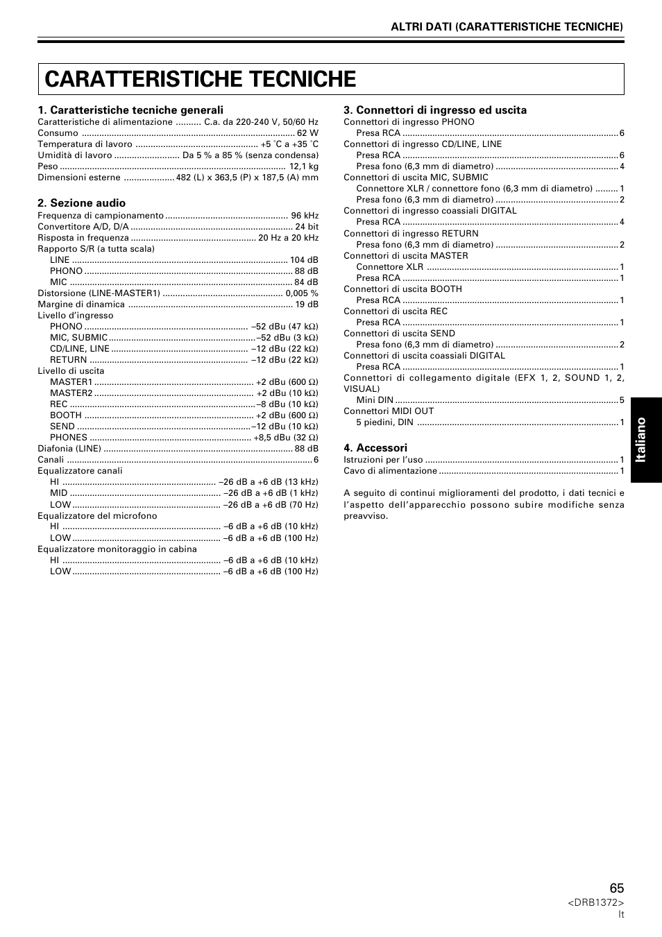 Caratteristiche tecniche, Italiano | Pioneer DJM-1000 User Manual | Page 65 / 98