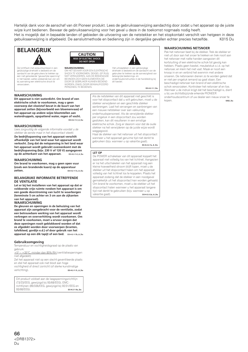 Belangrijk, Caution | Pioneer DJM-1000 User Manual | Page 66 / 98