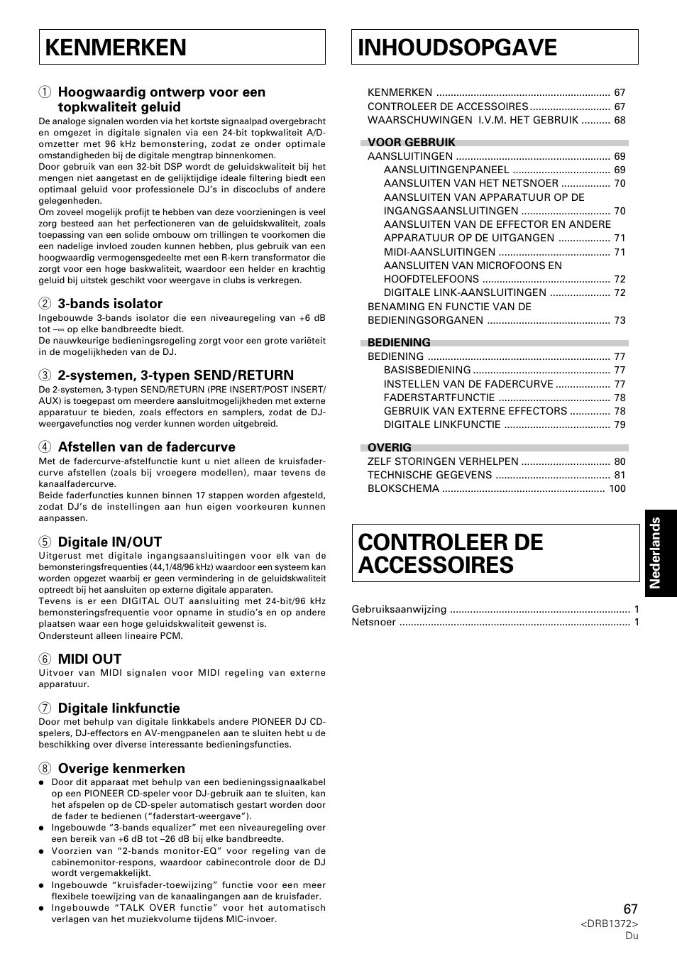 Gebruiksaanwijzing, Inhoudsopgave, Controleer de accessoires | Kenmerken | Pioneer DJM-1000 User Manual | Page 67 / 98