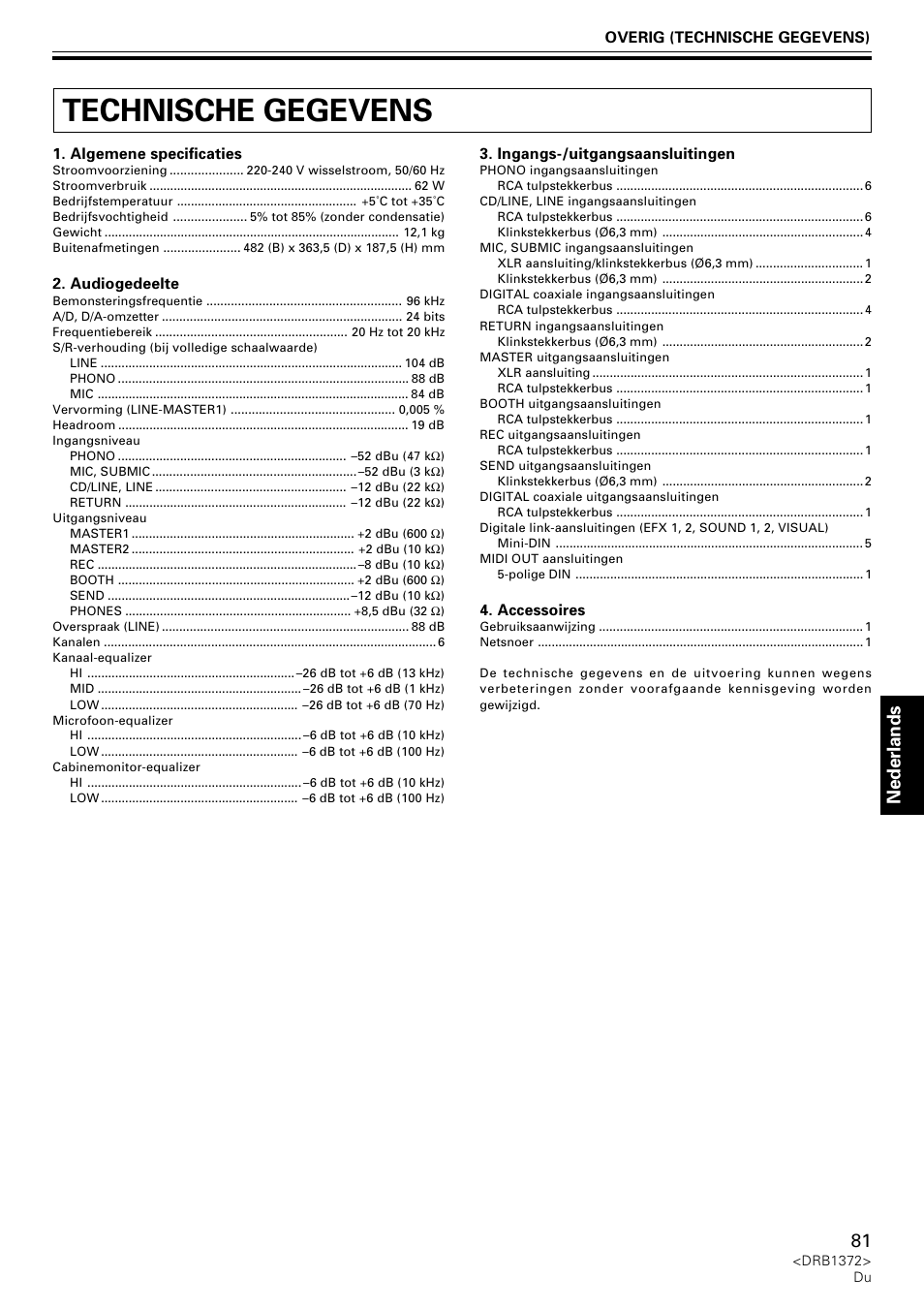Technische gegevens, Nederlands | Pioneer DJM-1000 User Manual | Page 81 / 98