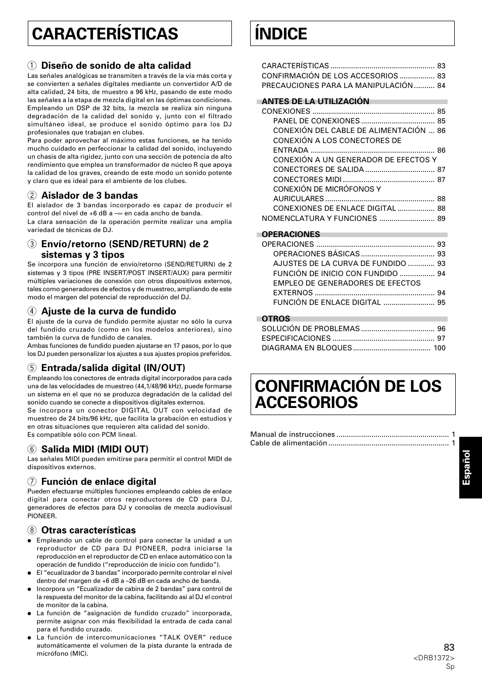 Manual de instrucciones, Índice, Confirmación de los accesorios | Características | Pioneer DJM-1000 User Manual | Page 83 / 98