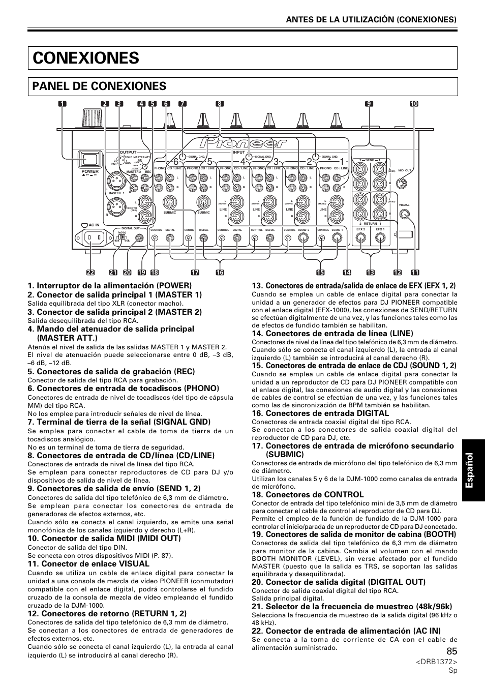 Conexiones, Panel de conexiones, Espa ñ ol | Antes de la utilización (conexiones), Conector de salida principal 2 (master 2), Conectores de salida de grabación (rec), Conectores de entrada de tocadiscos (phono), Terminal de tierra de la señal (signal gnd), Conectores de entrada de cd/línea (cd/line), Conectores de salida de envío (send 1, 2) | Pioneer DJM-1000 User Manual | Page 85 / 98