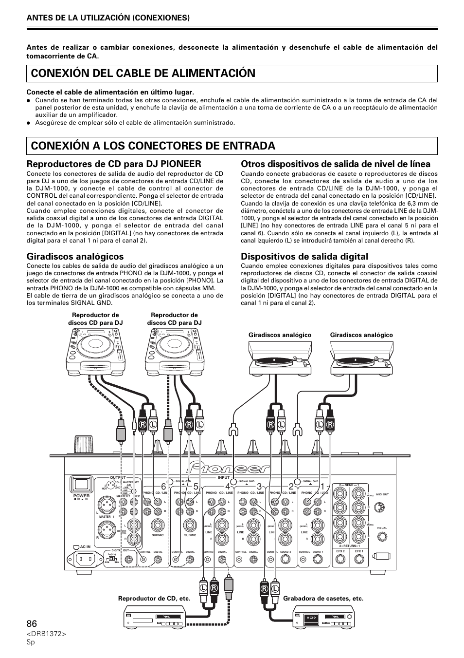 Conexión del cable de alimentación, Conexión a los conectores de entrada, Reproductores de cd para dj pioneer | Giradiscos analógicos, Otros dispositivos de salida de nivel de línea, Dispositivos de salida digital, Antes de la utilización (conexiones), Conecte el cable de alimentación en último lugar | Pioneer DJM-1000 User Manual | Page 86 / 98