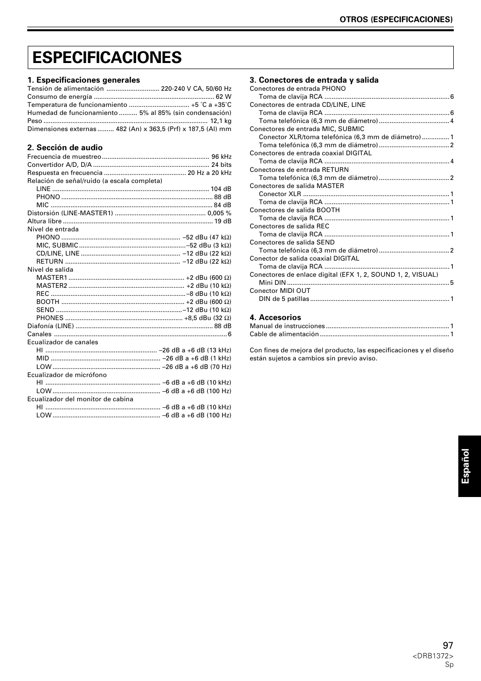 Especificaciones, Espa ñ ol | Pioneer DJM-1000 User Manual | Page 97 / 98