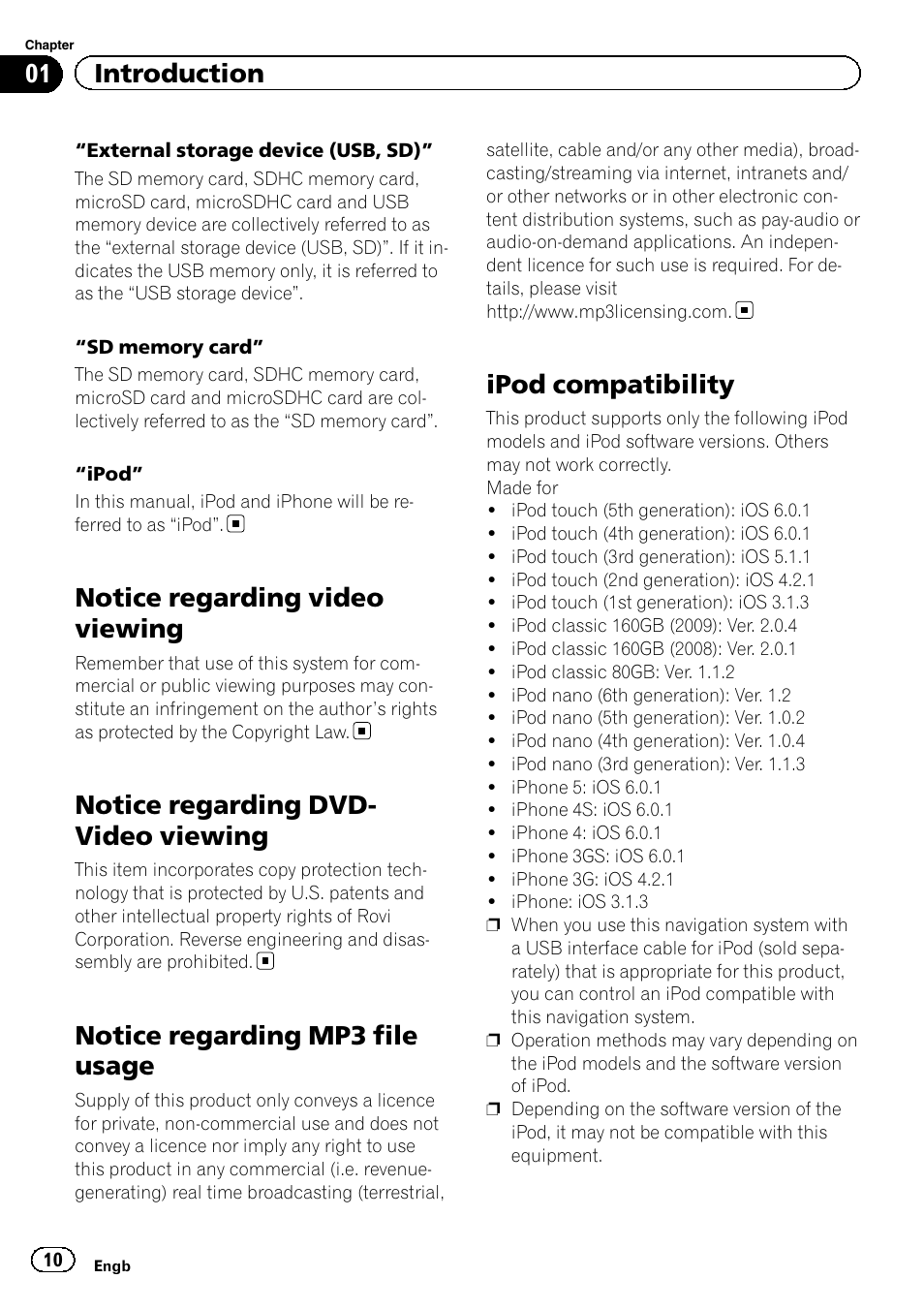 Notice regarding video viewing, Notice regarding dvd-video viewing, Notice regarding mp3 file usage | Ipod compatibility, Notice regarding dvd- video viewing, 01 introduction | Pioneer AVIC-F950BT User Manual | Page 10 / 200