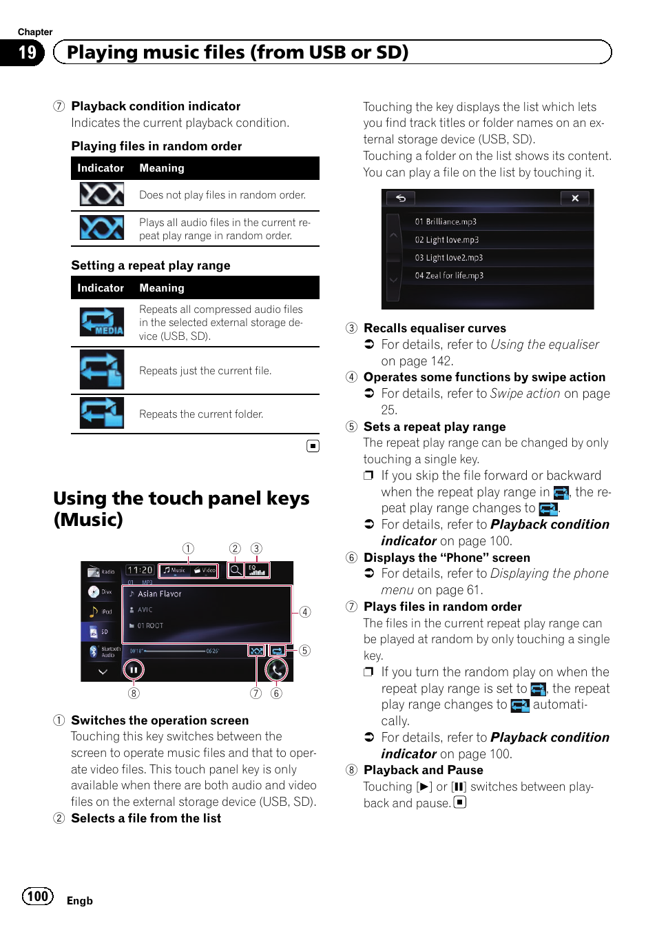 Using the touch panel keys (music), Using the touch panel, 19 playing music files (from usb or sd) | Pioneer AVIC-F950BT User Manual | Page 100 / 200