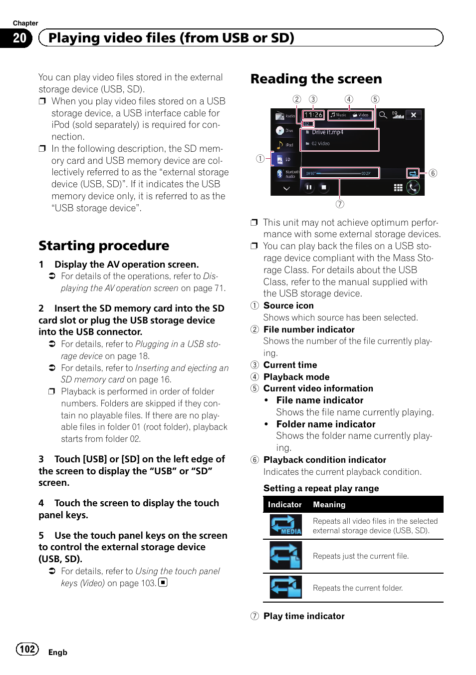 Reading the screen, Starting procedure, 20 playing video files (from usb or sd) | Pioneer AVIC-F950BT User Manual | Page 102 / 200