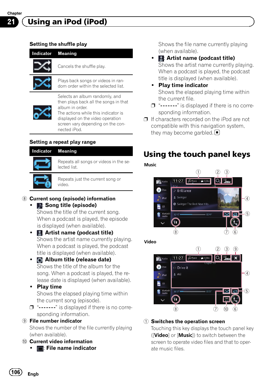 Using the touch panel keys, Using, 21 using an ipod (ipod) | Pioneer AVIC-F950BT User Manual | Page 106 / 200