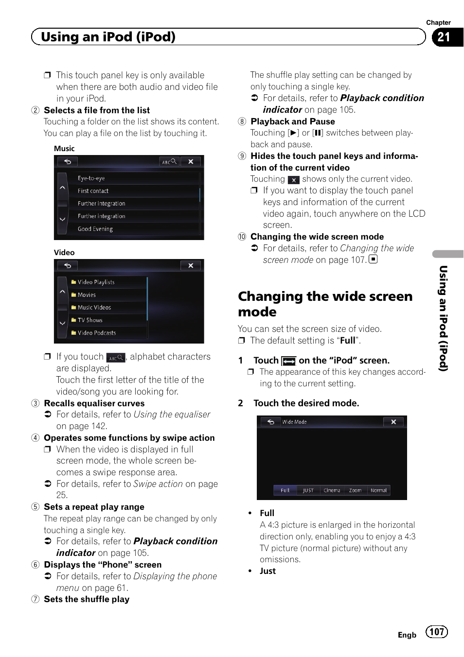 Changing the wide screen mode, Using an ipod (ipod) | Pioneer AVIC-F950BT User Manual | Page 107 / 200