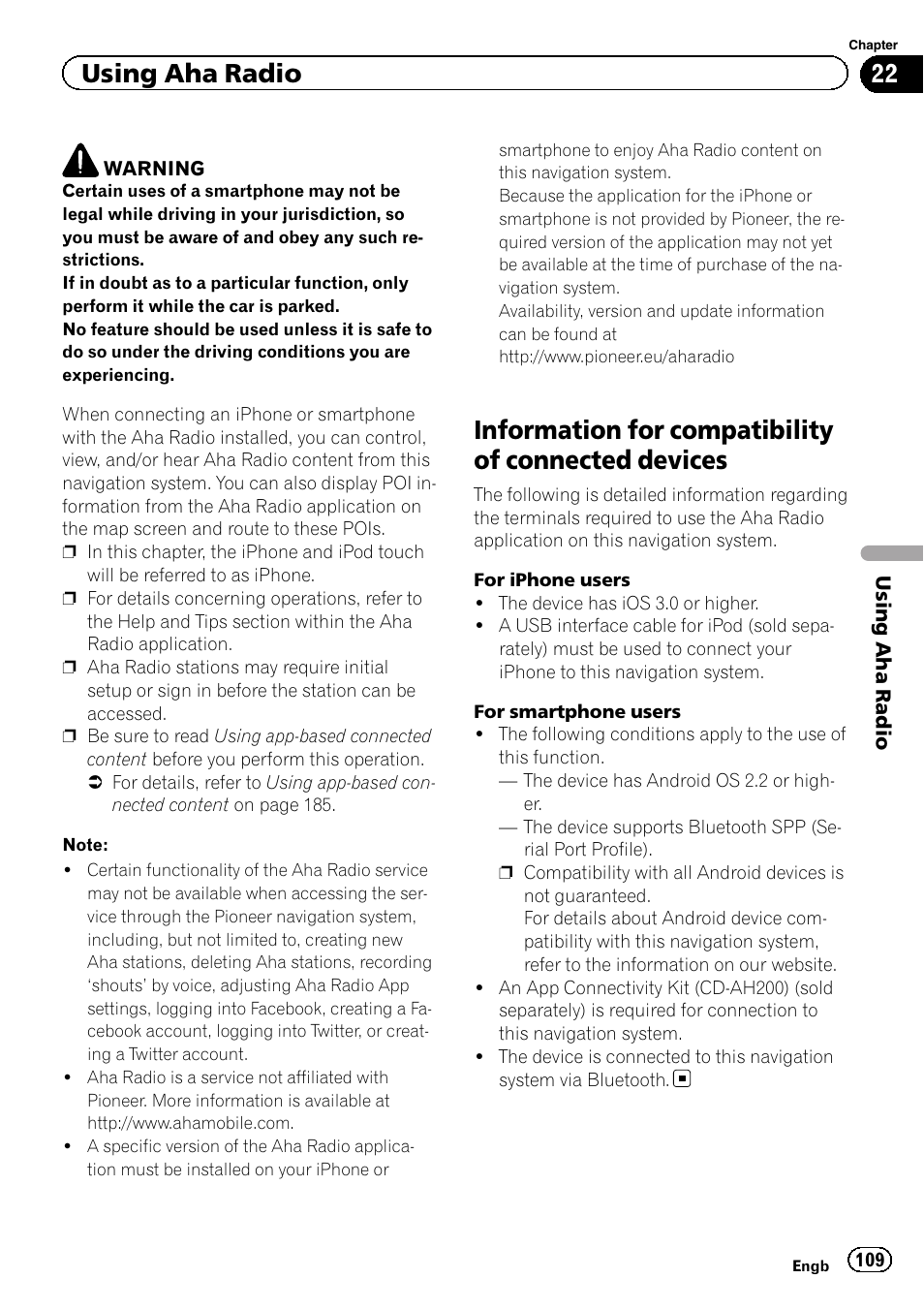 Devices, Information for compatibility of connected devices, Using aha radio | Pioneer AVIC-F950BT User Manual | Page 109 / 200