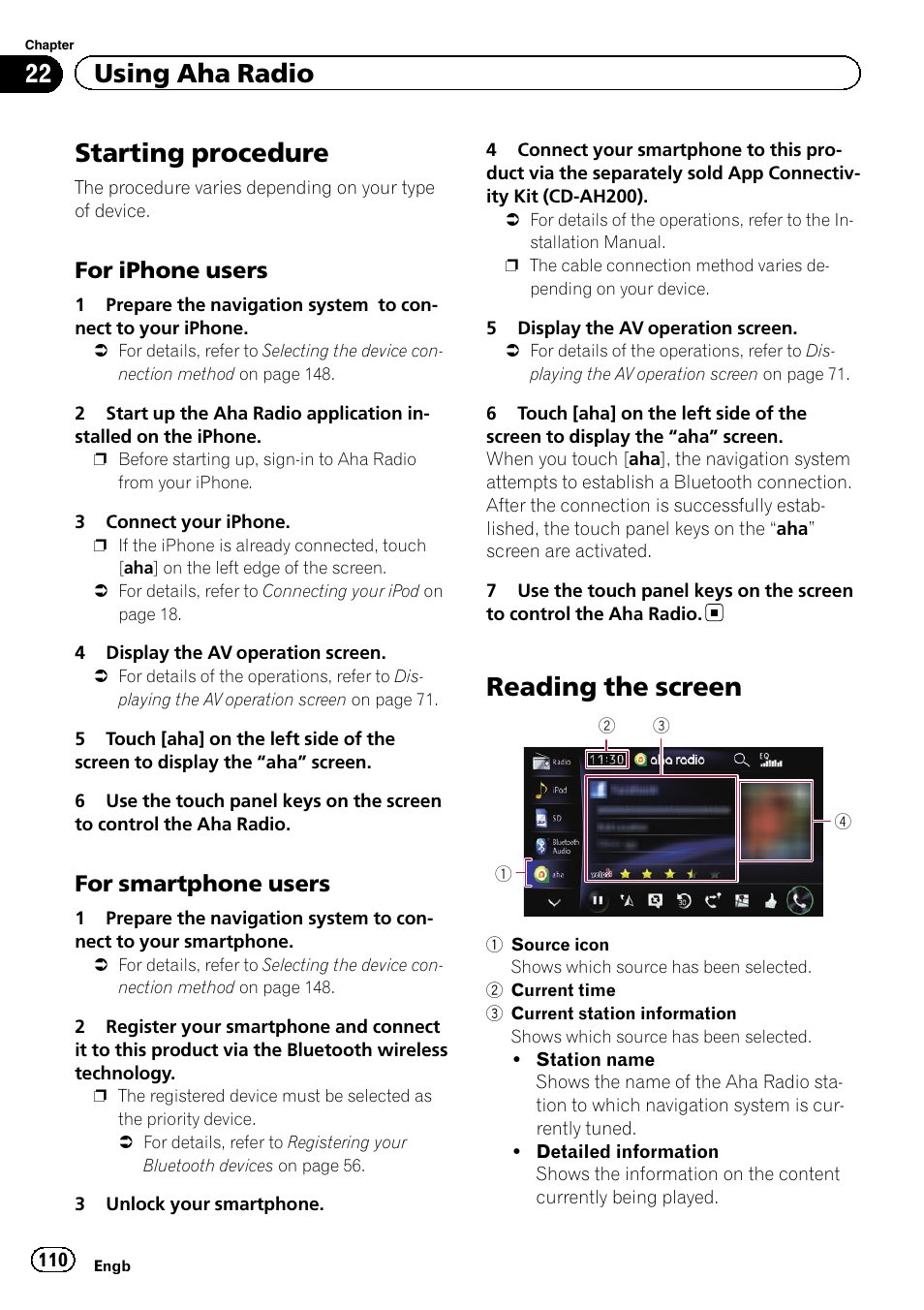 Starting procedure, For iphone users 110, For smartphone users 110 | Reading the screen, 22 using aha radio, For iphone users, For smartphone users | Pioneer AVIC-F950BT User Manual | Page 110 / 200