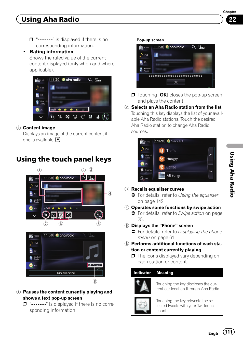 Using the touch panel keys, Using aha radio | Pioneer AVIC-F950BT User Manual | Page 111 / 200