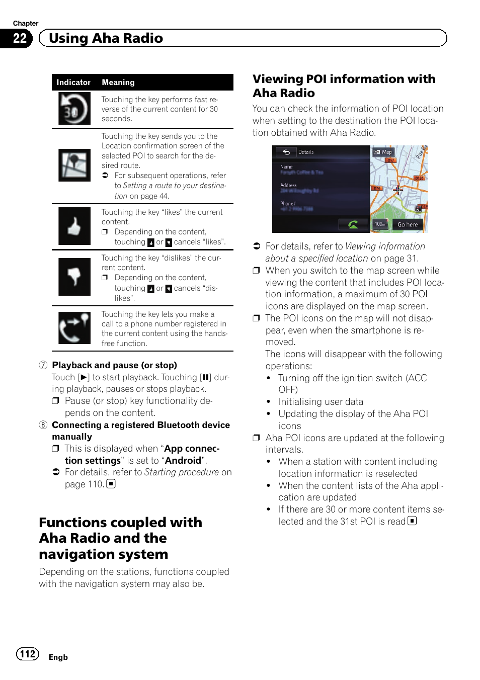 Functions coupled with aha radio and the, Navigation system, Viewing poi information with aha | Radio, 22 using aha radio, Viewing poi information with aha radio | Pioneer AVIC-F950BT User Manual | Page 112 / 200