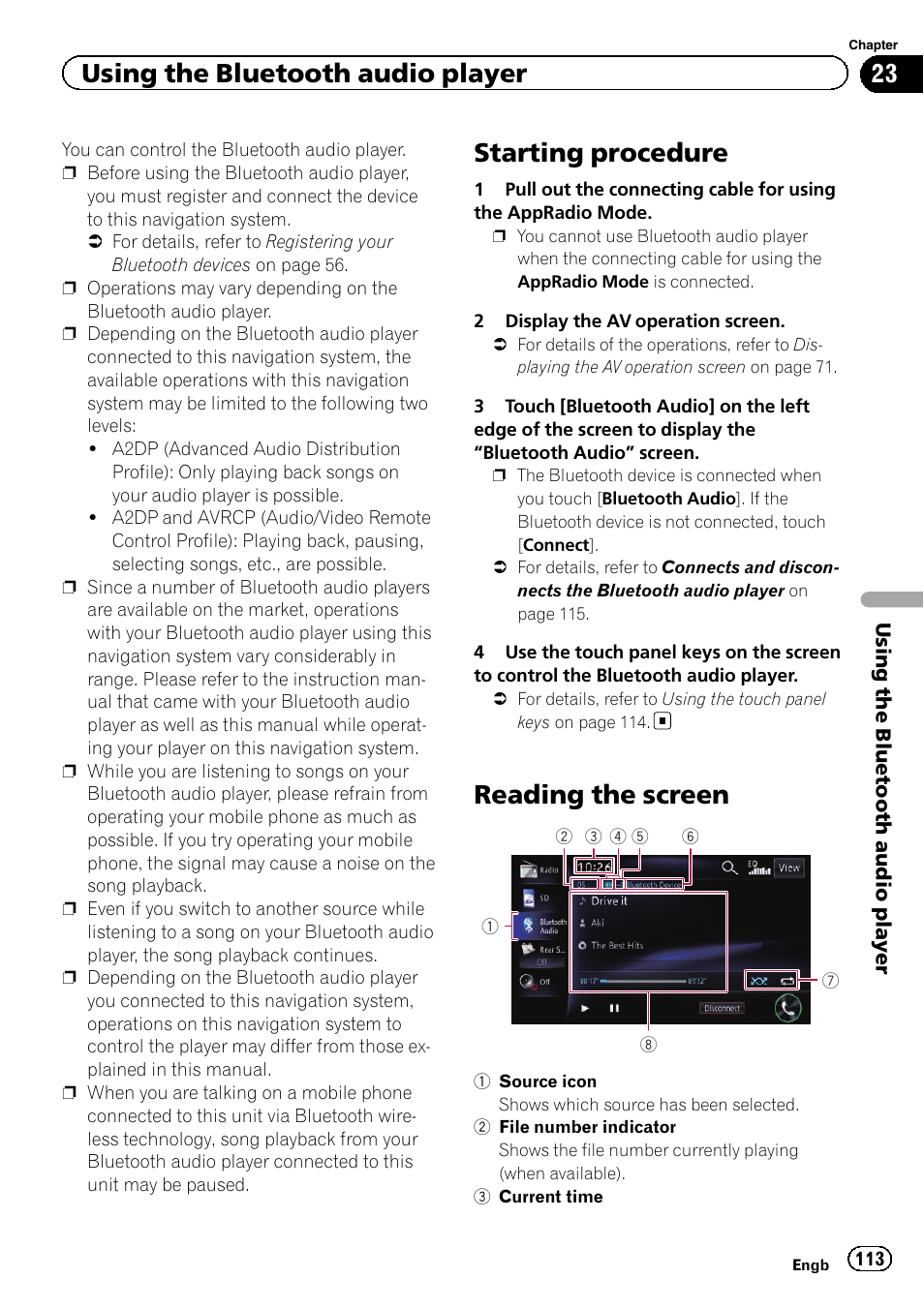 Reading the screen, Starting procedure, Using the bluetooth audio player | Pioneer AVIC-F950BT User Manual | Page 113 / 200