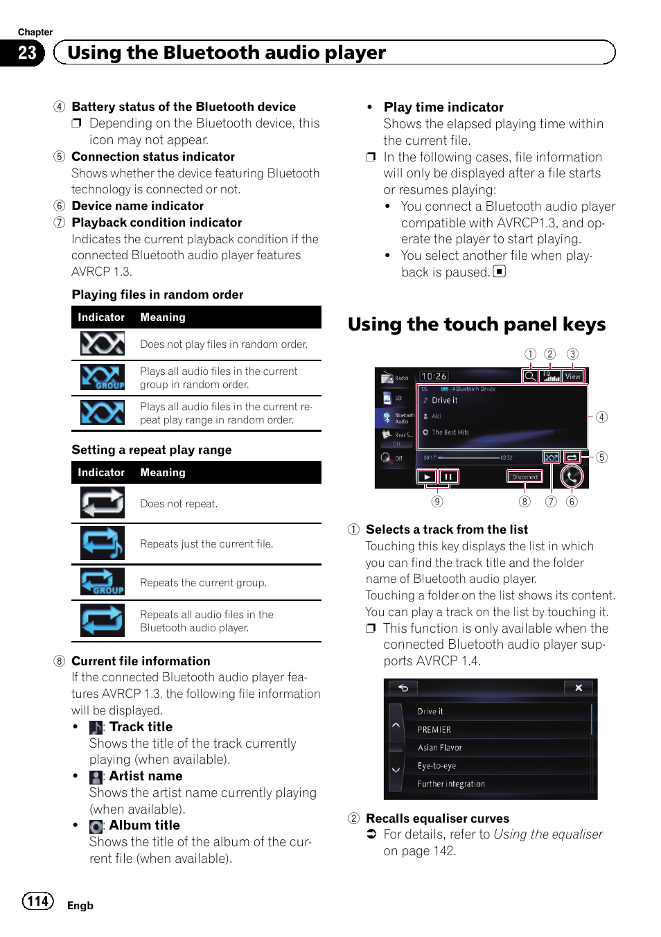 Using the touch panel keys, Using the touch panel, 23 using the bluetooth audio player | Pioneer AVIC-F950BT User Manual | Page 114 / 200