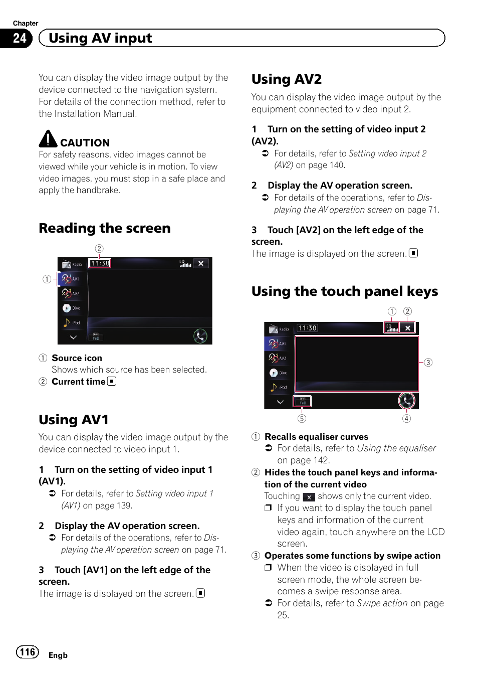 Using av input reading the screen, Using av1, Using av2 | Using the touch panel keys, Reading the screen, 24 using av input | Pioneer AVIC-F950BT User Manual | Page 116 / 200