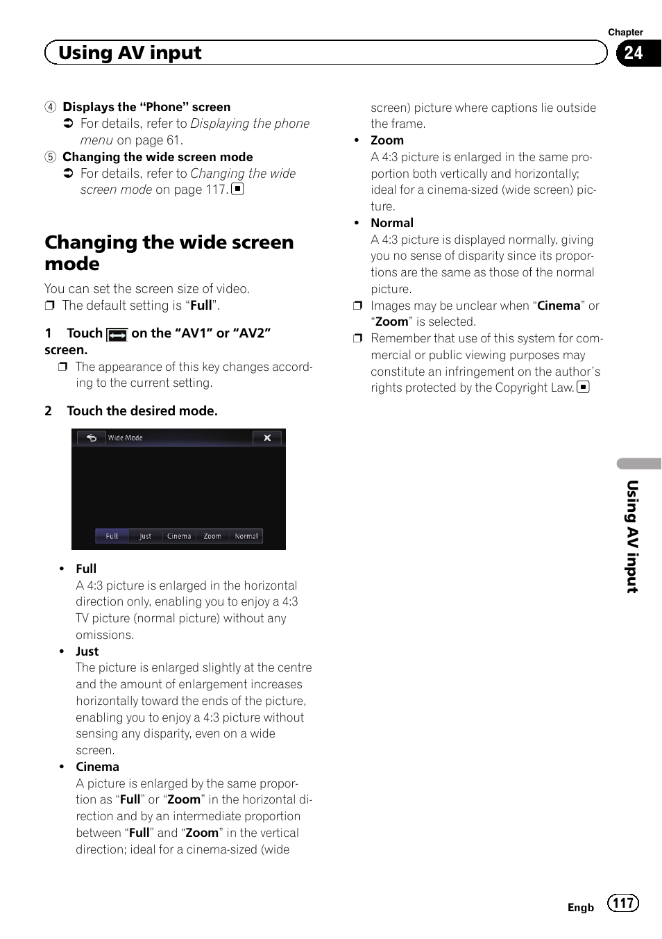 Changing the wide screen mode, Using av input | Pioneer AVIC-F950BT User Manual | Page 117 / 200
