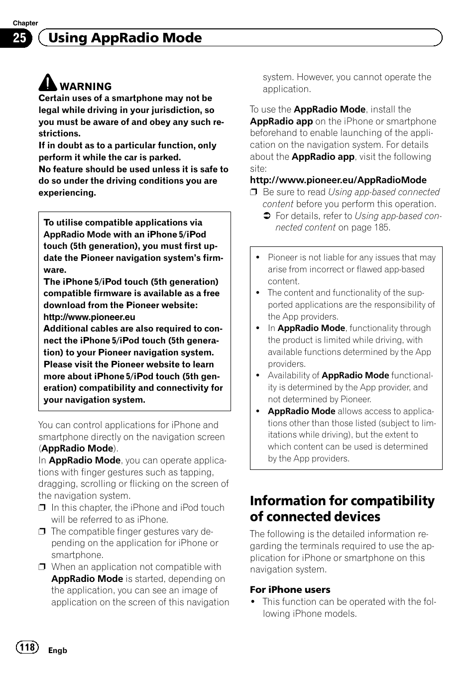 Devices, Information for compatibility of connected devices, 25 using appradio mode | Pioneer AVIC-F950BT User Manual | Page 118 / 200