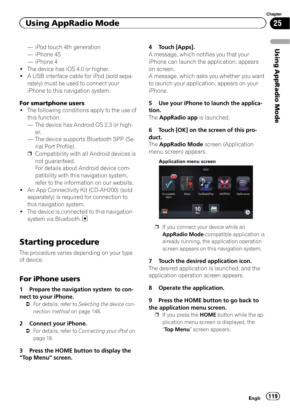 Starting procedure, For iphone users 119, Using appradio mode | For iphone users | Pioneer AVIC-F950BT User Manual | Page 119 / 200