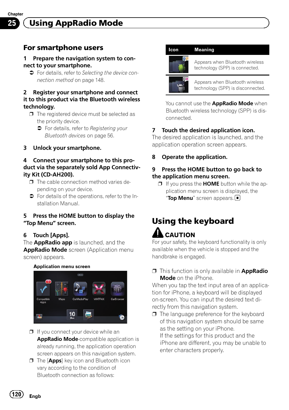 For smartphone users 120, Using the keyboard, 25 using appradio mode | For smartphone users | Pioneer AVIC-F950BT User Manual | Page 120 / 200