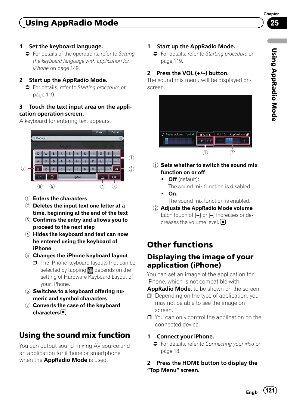 Using the sound mix function, Other functions, Displaying the image of your | Application (iphone), Using appradio mode, Displaying the image of your application (iphone) | Pioneer AVIC-F950BT User Manual | Page 121 / 200