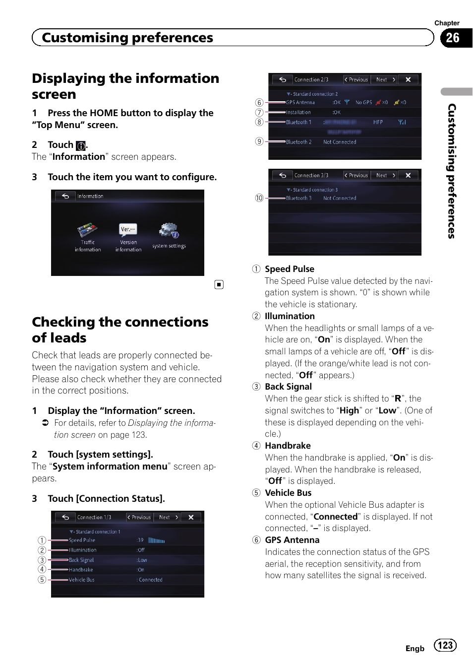 Checking the connections of leads, Displaying the information screen, Customising preferences | Pioneer AVIC-F950BT User Manual | Page 123 / 200