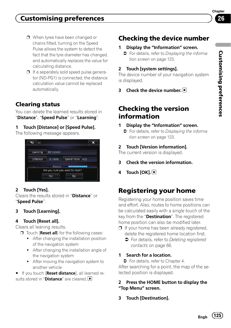 Clearing status 125, Checking the device number, Checking the version information | Registering your home, Registering your, Customising preferences, Clearing status | Pioneer AVIC-F950BT User Manual | Page 125 / 200