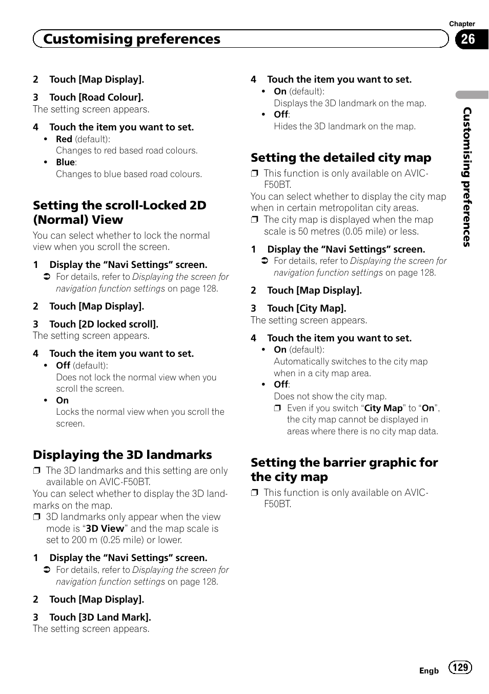 Setting the scroll-locked 2d (normal), View, Displaying the 3d landmarks 129 | Setting the detailed city map 129, Setting the barrier graphic for the city, Customising preferences, Setting the scroll-locked 2d (normal) view, Displaying the 3d landmarks, Setting the detailed city map, Setting the barrier graphic for the city map | Pioneer AVIC-F950BT User Manual | Page 129 / 200