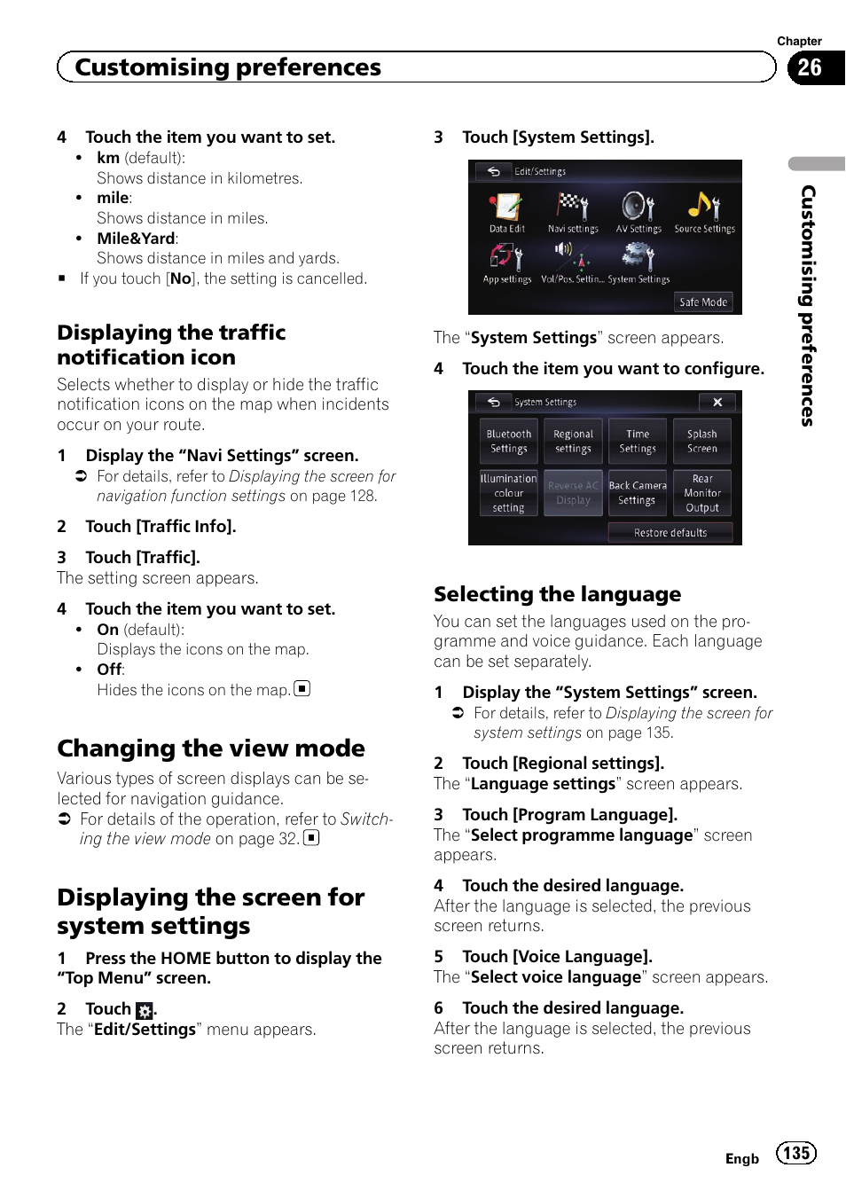 Displaying the traffic notification, Icon, Changing the view mode | Displaying the screen for system, Settings, Selecting the language 135, Displaying the screen for system settings, Customising preferences, Displaying the traffic notification icon, Selecting the language | Pioneer AVIC-F950BT User Manual | Page 135 / 200