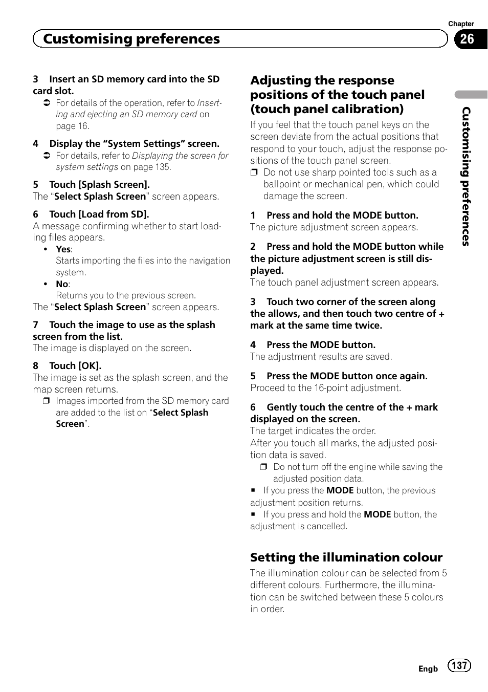 Adjusting the response positions of the, Touch panel (touch panel calibration), Setting the illumination colour 137 | Adjusting the re, Customising preferences, Setting the illumination colour | Pioneer AVIC-F950BT User Manual | Page 137 / 200