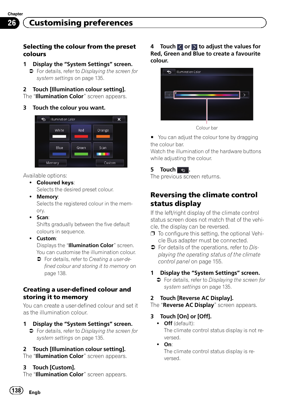 Reversing the climate control status, Display, 26 customising preferences | Reversing the climate control status display | Pioneer AVIC-F950BT User Manual | Page 138 / 200