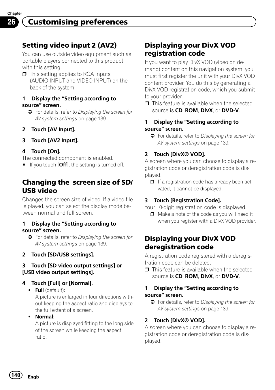 Setting video input 2 (av2) 140, Changing the screen size of sd/usb, Video | Displaying your divx vod registration, Code, Displaying your divx vod, Deregistration code, Setting video input 2, 26 customising preferences, Setting video input 2 (av2) | Pioneer AVIC-F950BT User Manual | Page 140 / 200