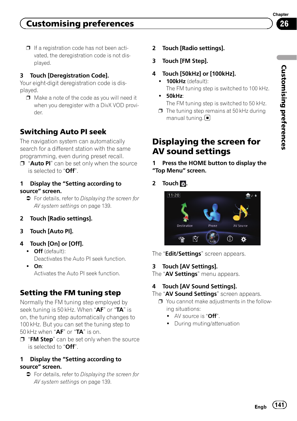 Switching auto pi seek 141, Setting the fm tuning step 141, Displaying the screen for av sound | Settings, Switching auto pi seek, Displaying the screen for av sound settings, Customising preferences, Setting the fm tuning step | Pioneer AVIC-F950BT User Manual | Page 141 / 200