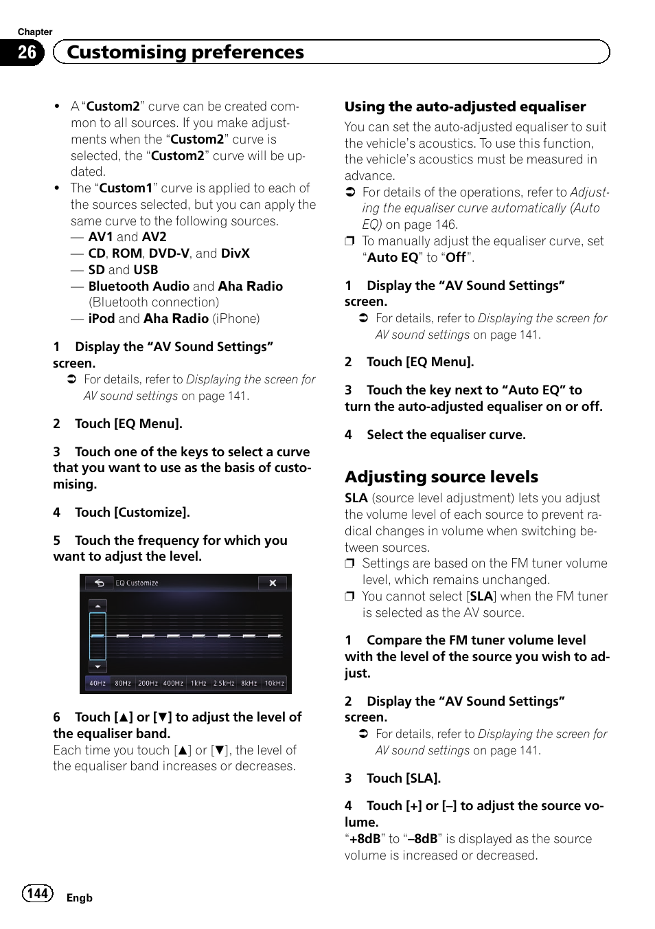 Adjusting source levels 144, Using the auto-ad, 26 customising preferences | Adjusting source levels | Pioneer AVIC-F950BT User Manual | Page 144 / 200