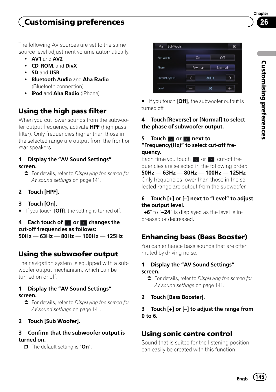 Using the high pass filter 145, Using the subwoofer output 145, Enhancing bass (bass booster) 145 | Using sonic centre control 145, Customising preferences, Using the high pass filter, Using the subwoofer output, Enhancing bass (bass booster), Using sonic centre control | Pioneer AVIC-F950BT User Manual | Page 145 / 200