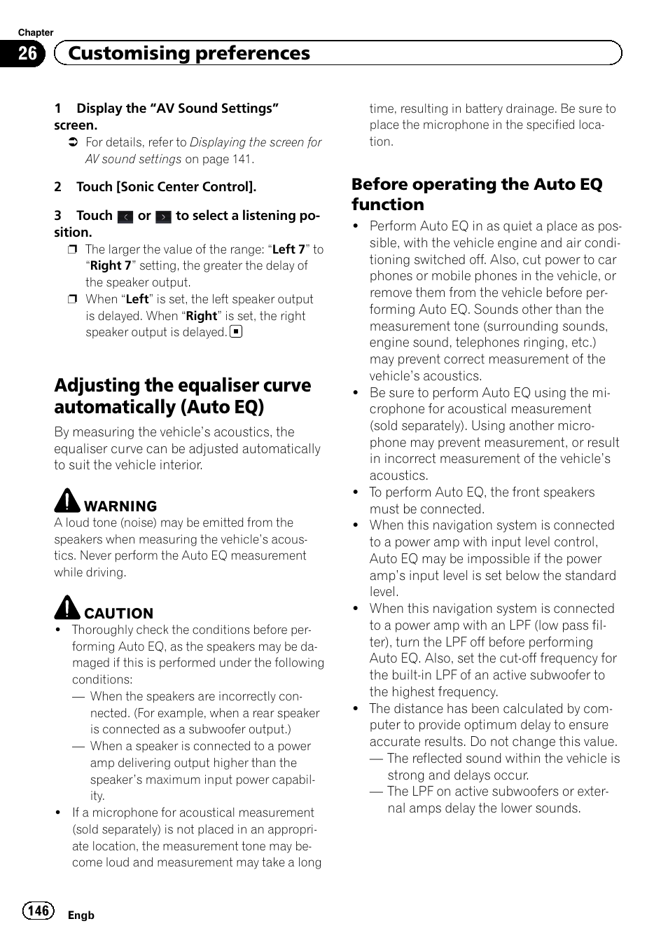 Adjusting the equaliser curve automatically, Auto eq), Before operating the auto eq | Function, Adjust, 26 customising preferences, Before operating the auto eq function | Pioneer AVIC-F950BT User Manual | Page 146 / 200