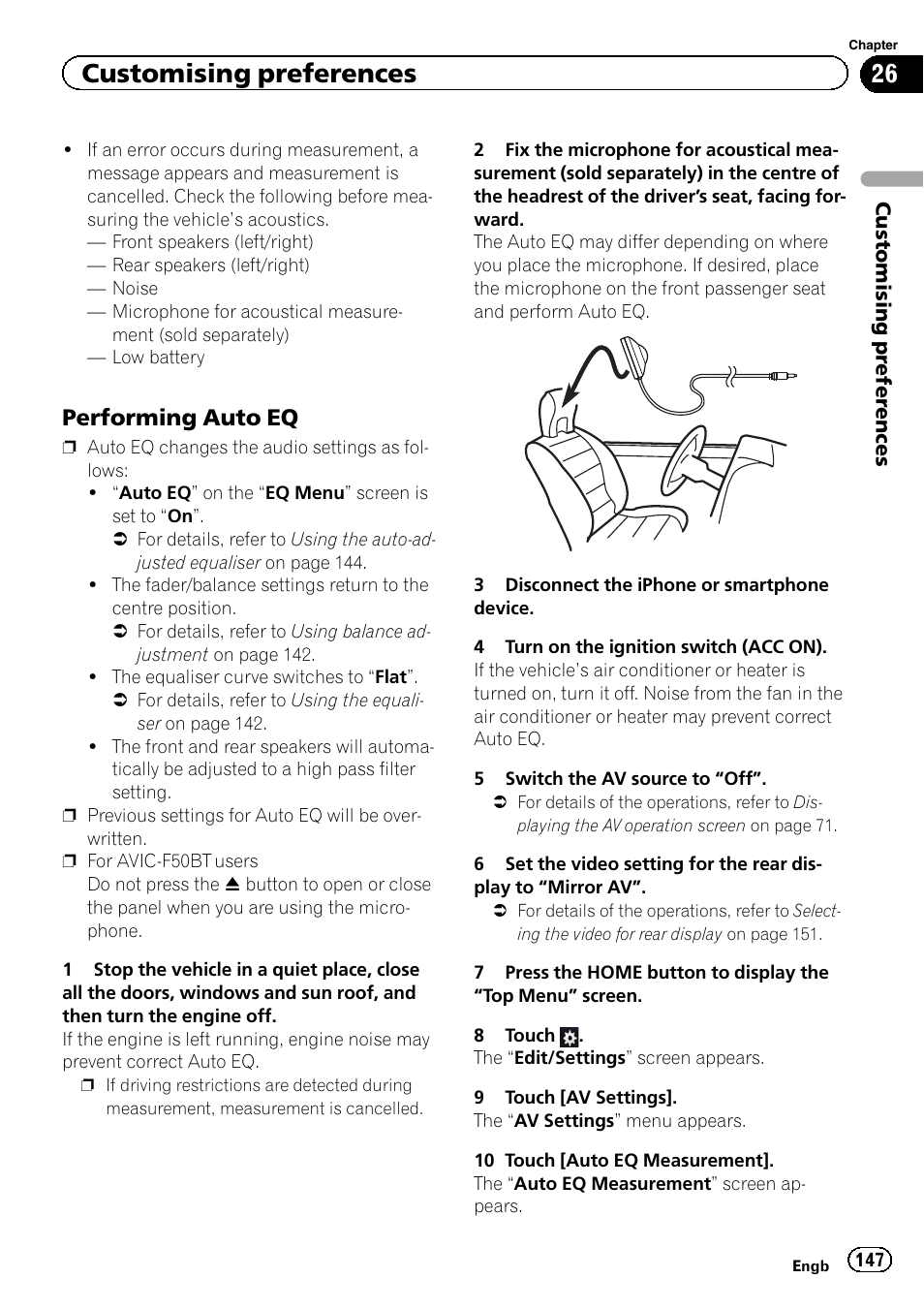 Performing auto eq 147, Customising preferences, Performing auto eq | Pioneer AVIC-F950BT User Manual | Page 147 / 200