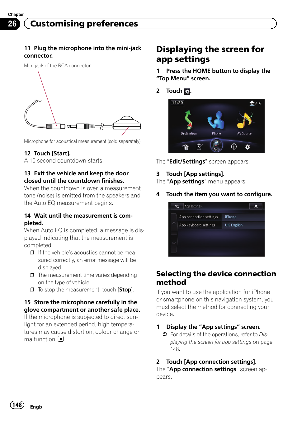 Displaying the screen for app settings, Selecting the device connection, Method | Selecting the device con, 26 customising preferences, Selecting the device connection method | Pioneer AVIC-F950BT User Manual | Page 148 / 200