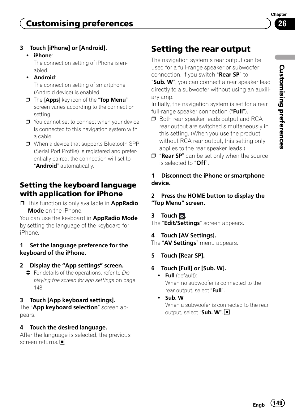 Setting the keyboard language with, Application for iphone, Setting the rear output | Setting, Customising preferences | Pioneer AVIC-F950BT User Manual | Page 149 / 200