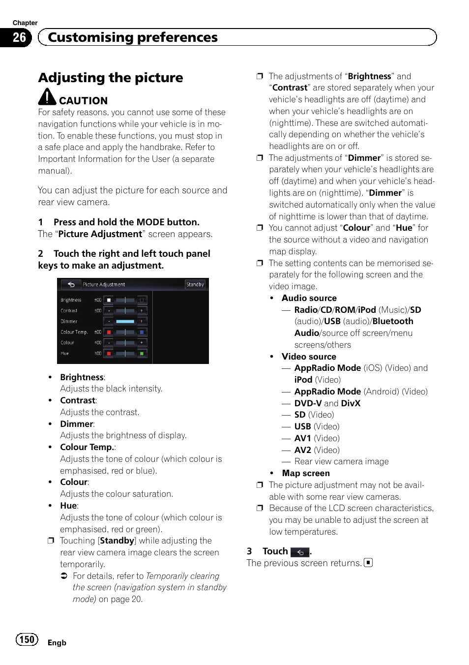 Adjusting the picture, Adjusting the pic, 26 customising preferences | Pioneer AVIC-F950BT User Manual | Page 150 / 200